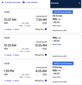 United Denver to Paris Award flight